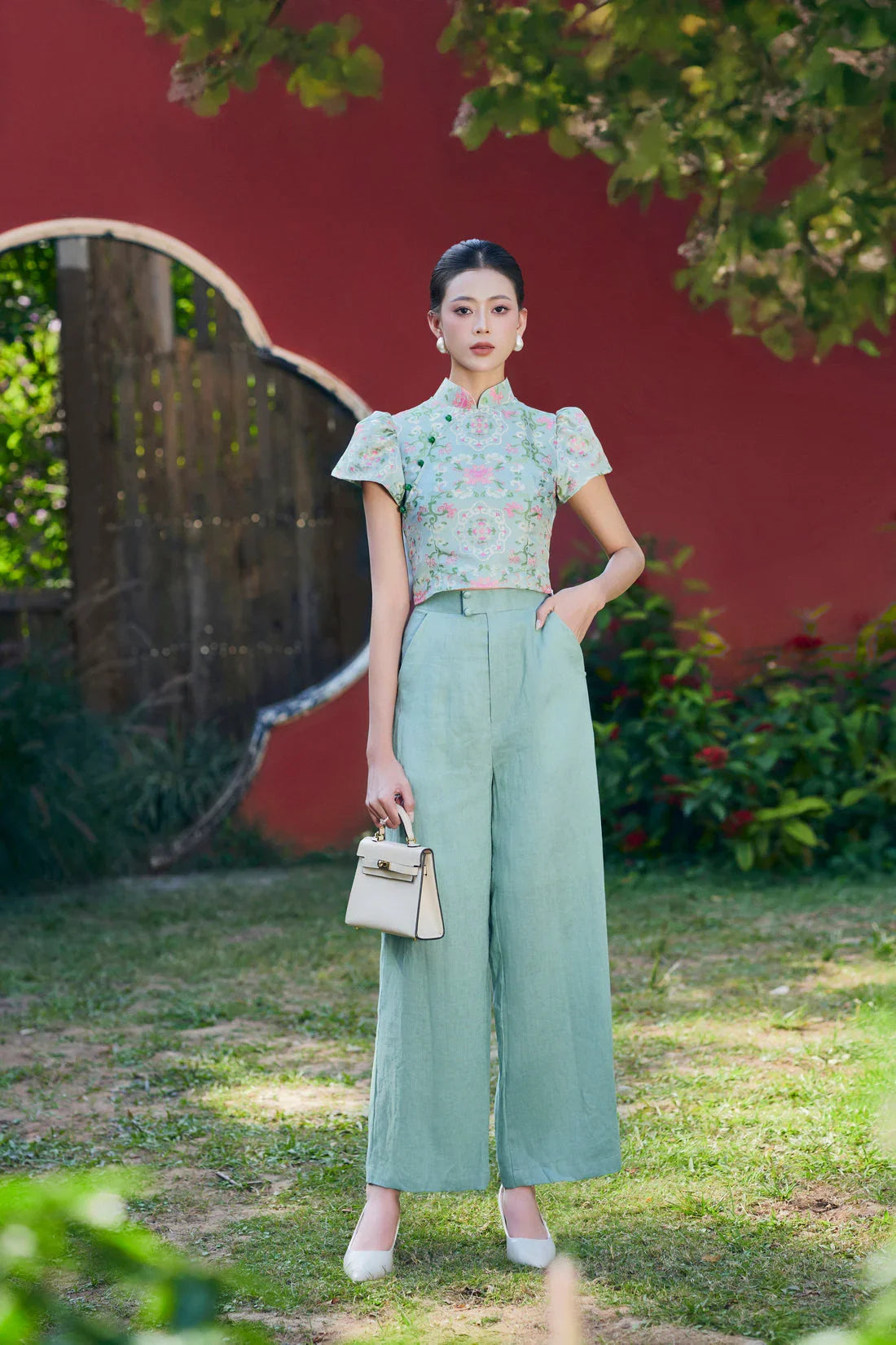 Petale Sage Crop Top Set with Pants Joli Pretty