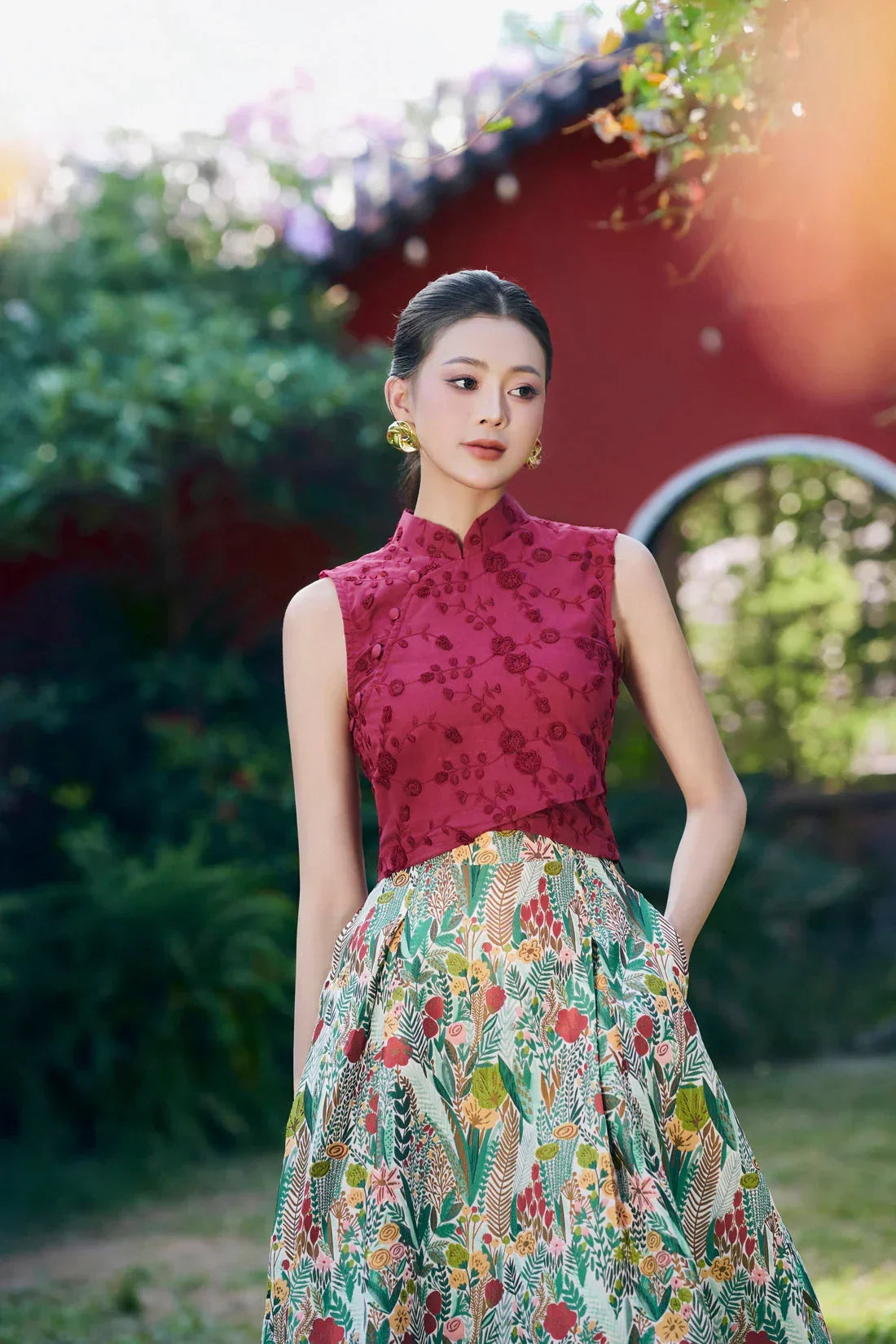 Dahliah Maroon Crop Top Set with Skirt Joli Pretty