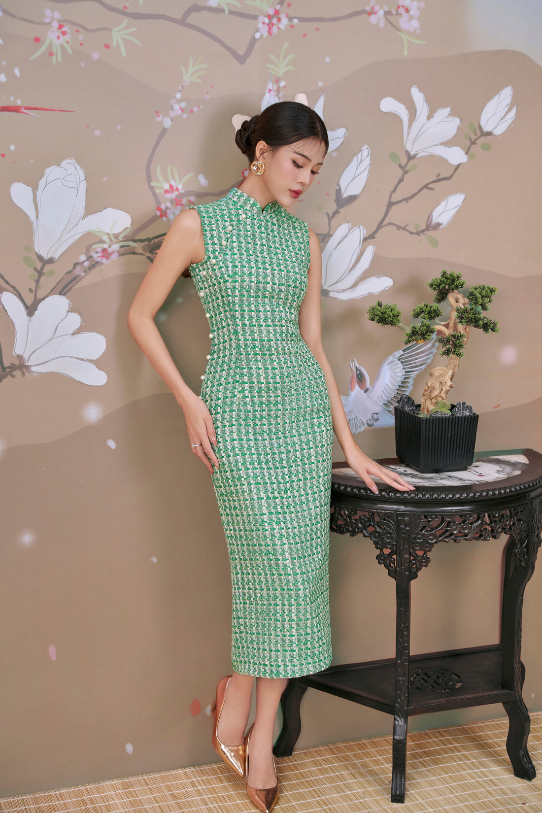Tweed Dress in Forest Green