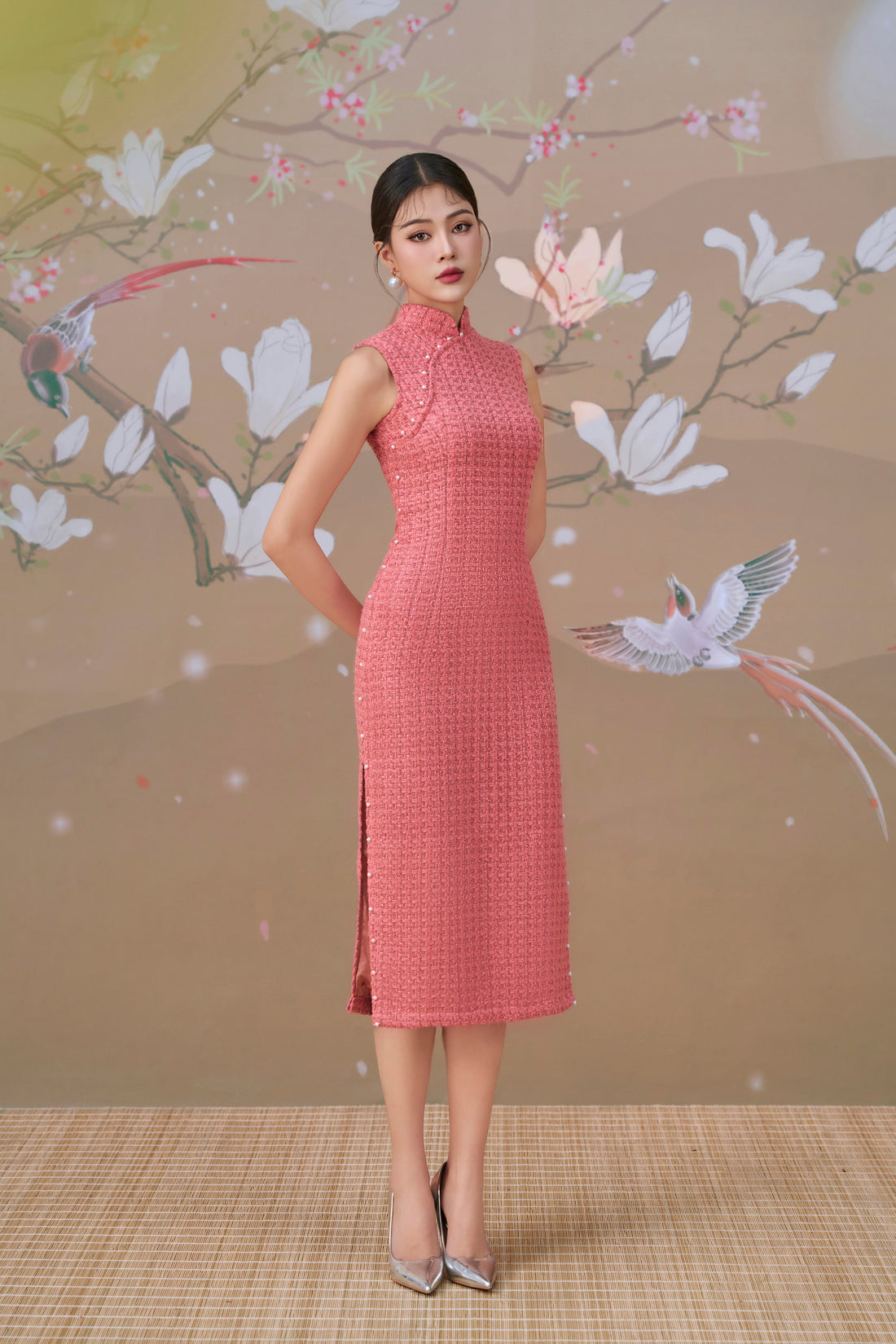 Tweed Dress in Salmon Pink