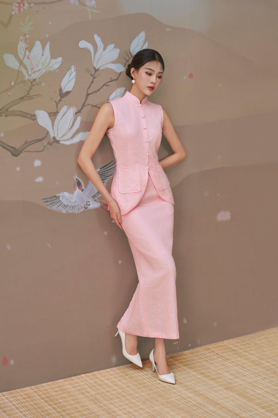 Waistcoat Maxi Skirt Set in Pastel Pink