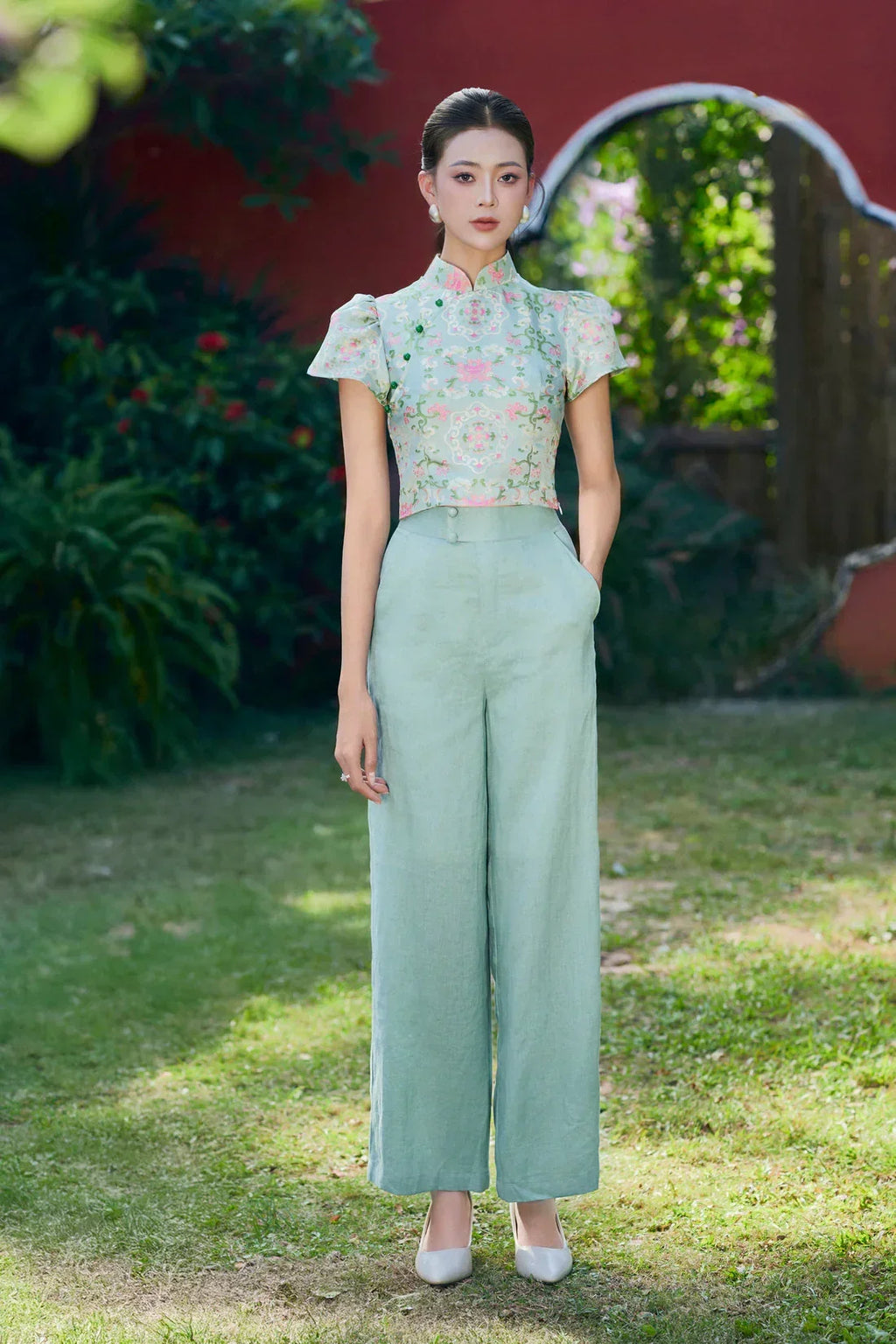 Petale Sage Crop Top Set with Pants Joli Pretty