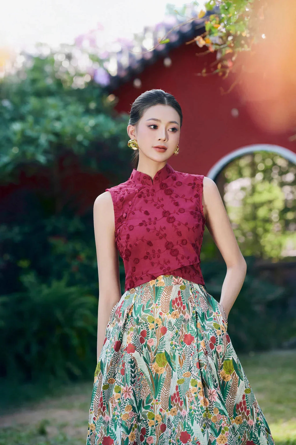 Dahliah Maroon Crop Top Set with Skirt Joli Pretty