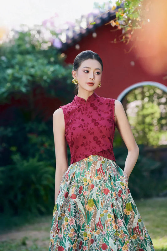 Dahliah Maroon Crop Top Set with Skirt Joli Pretty