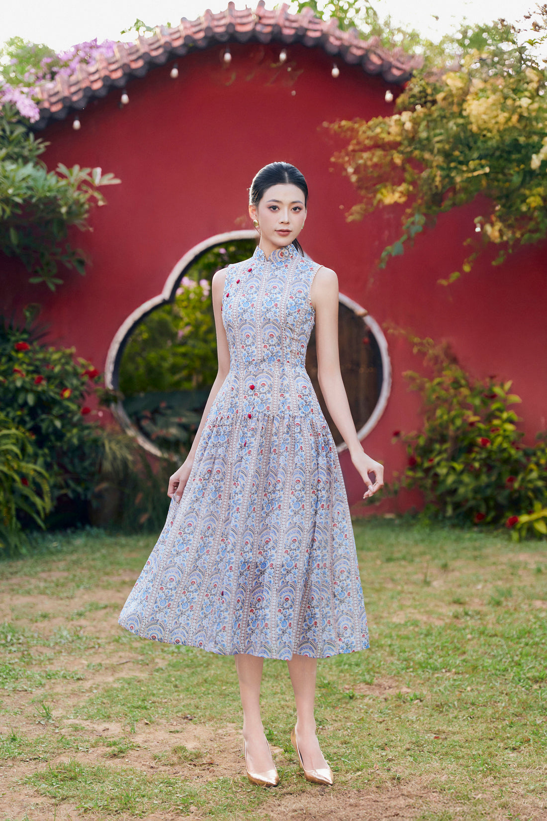 Spring field pleated midi dress