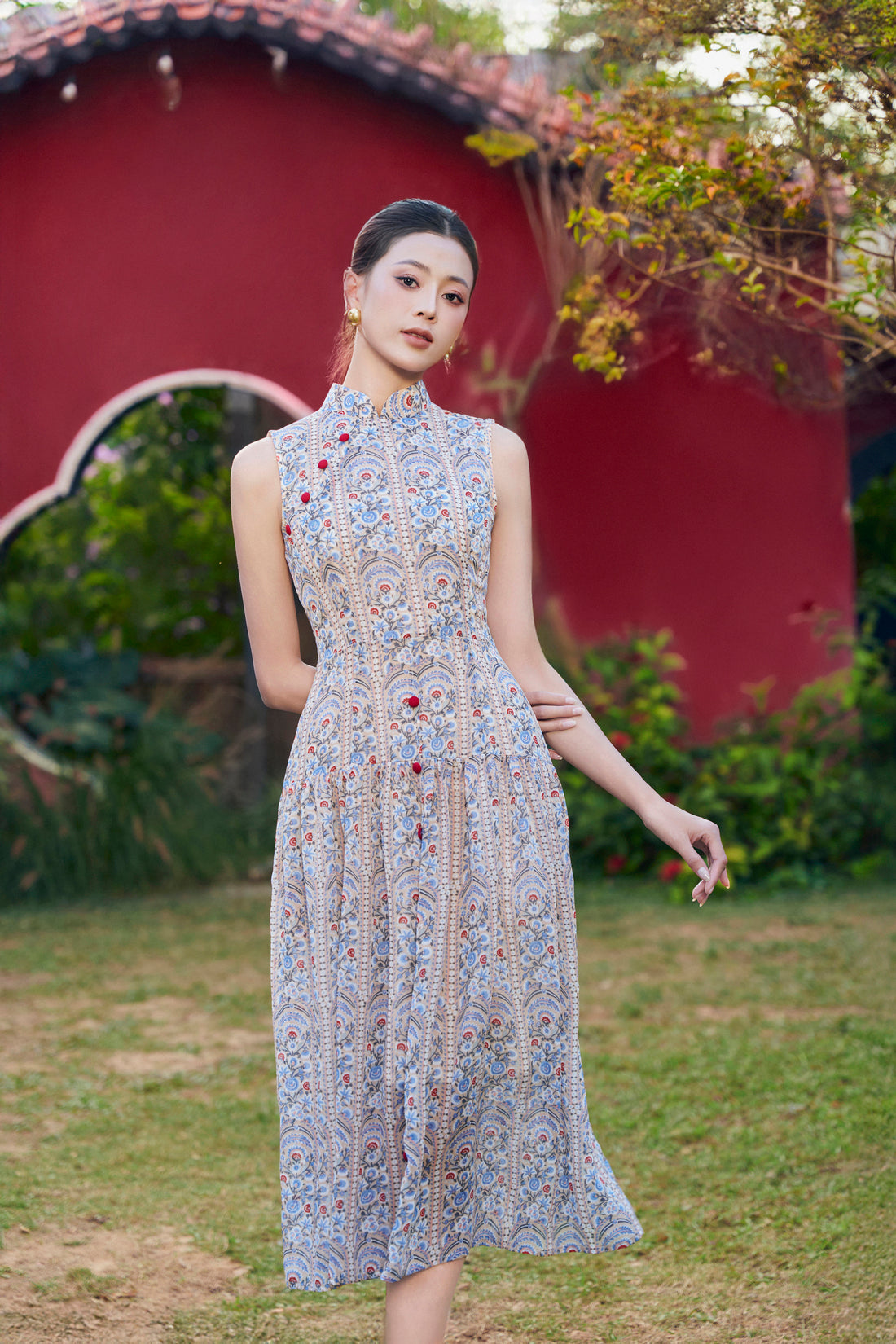 Spring field pleated midi dress