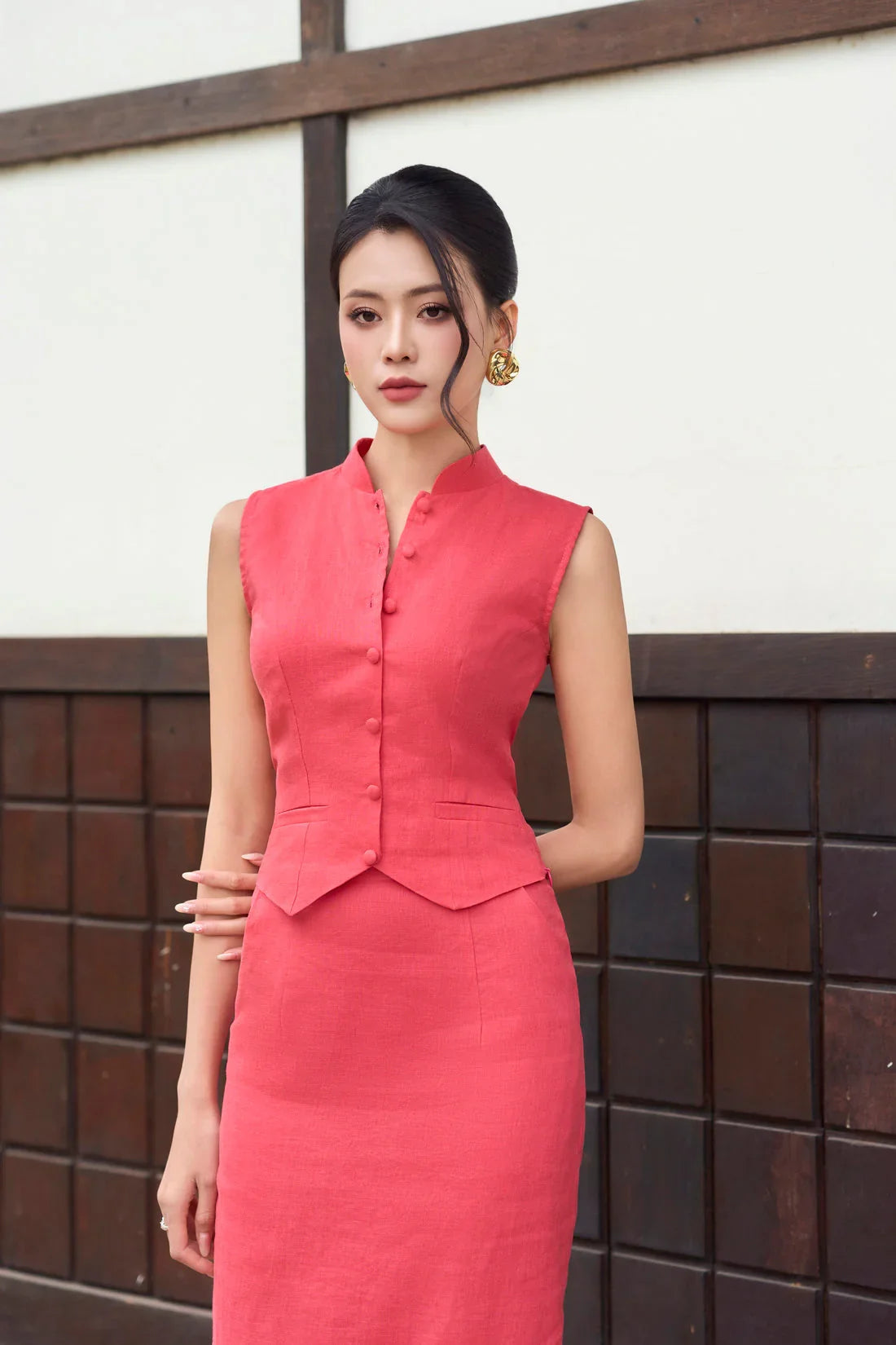 Waistcoat Midi Skirt Set in Strawberry Pink Joli Pretty