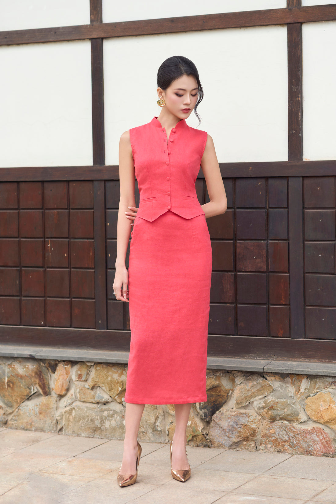 Waistcoat Midi Skirt Set in Strawberry Pink