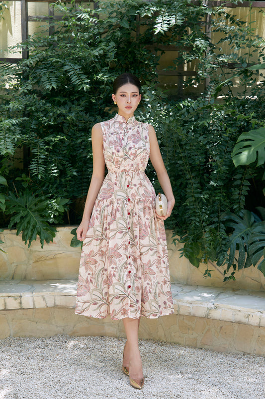 Glow Pleated Dress in Beige Joli Pretty