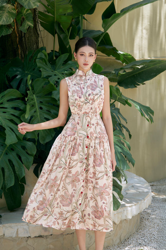 Glow Pleated Dress in Beige Joli Pretty