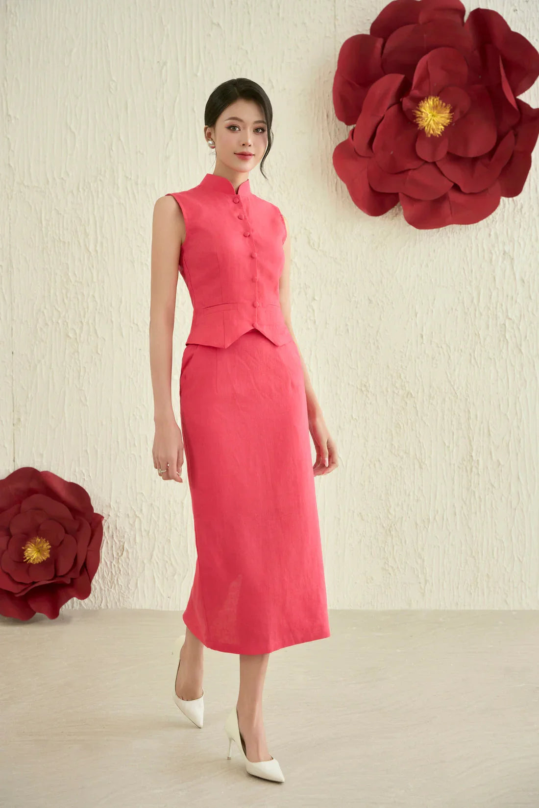 Waistcoat Midi Skirt Set in Strawberry Pink Joli Pretty