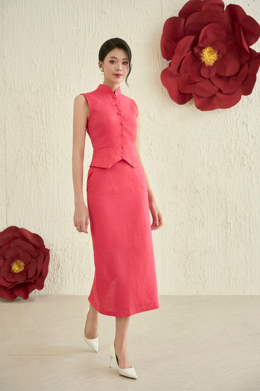 Waistcoat Midi Skirt Set in Strawberry Pink Joli Pretty