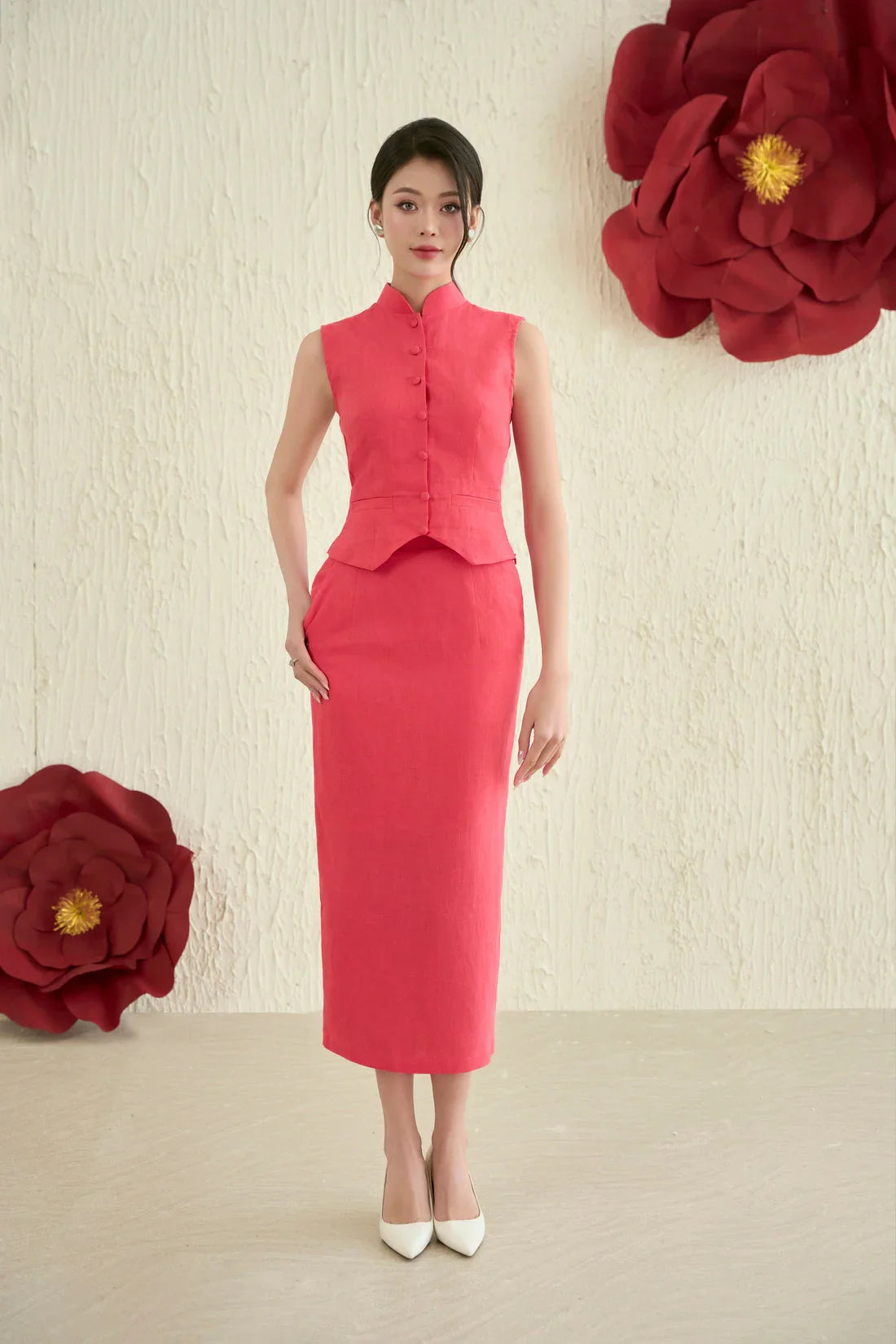 Waistcoat Midi Skirt Set in Strawberry Pink Joli Pretty