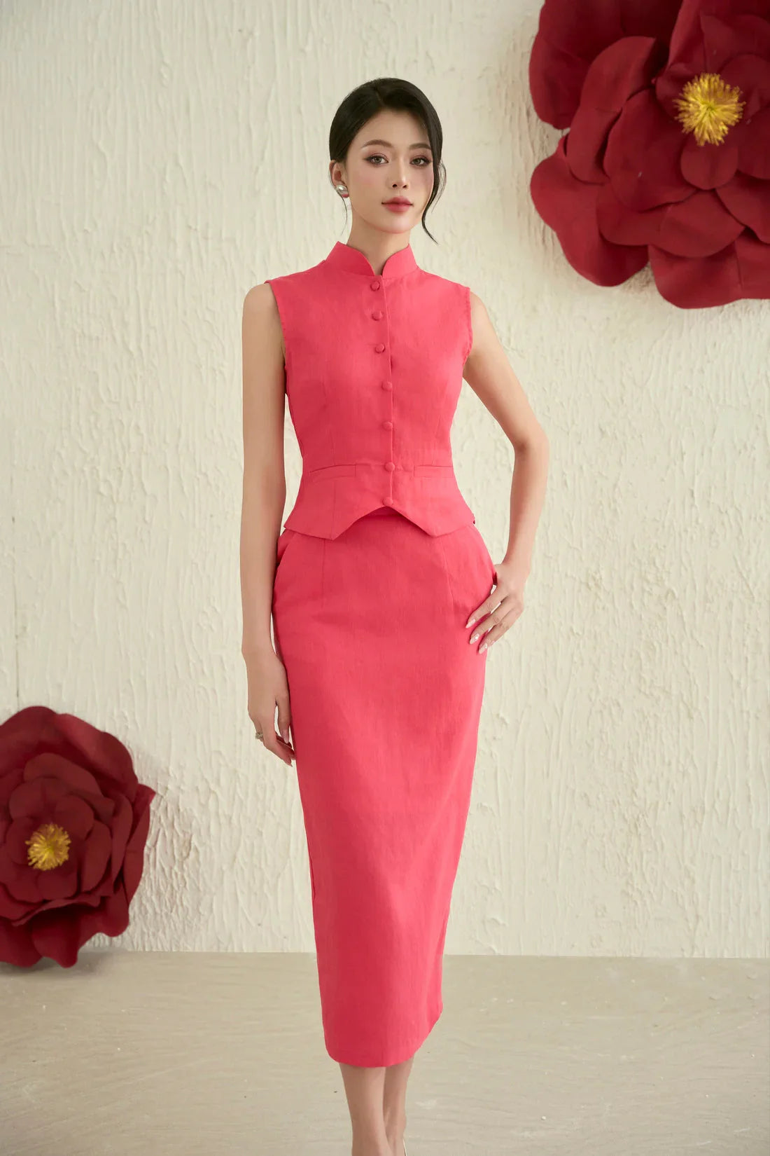 Waistcoat Midi Skirt Set in Strawberry Pink Joli Pretty