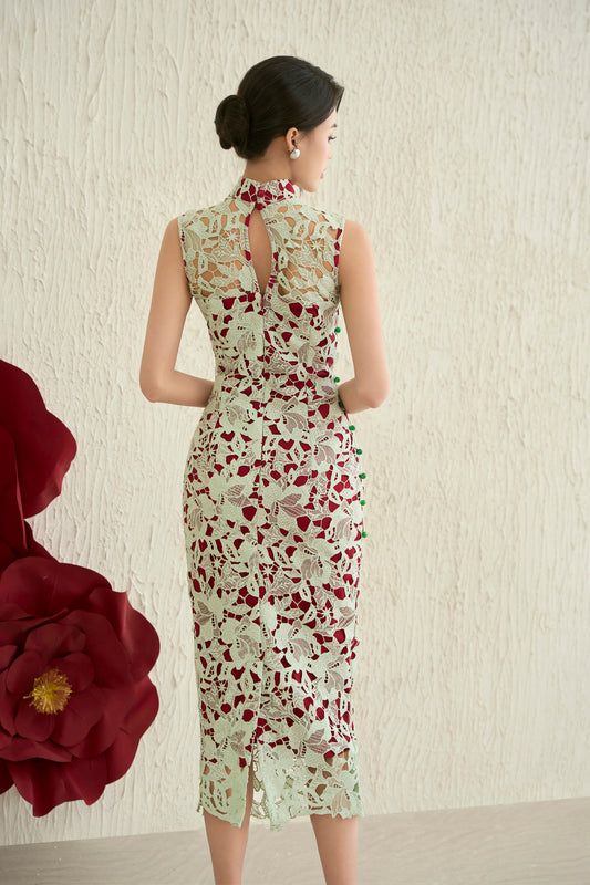 Lace Dress in MintxRed