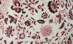 Close-up of elegant floral print fabric with metallic stripes and pink-black modern cheongsam pattern