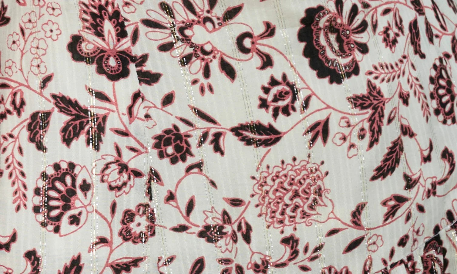 Close-up of elegant floral print fabric with metallic stripes and pink-black modern cheongsam pattern