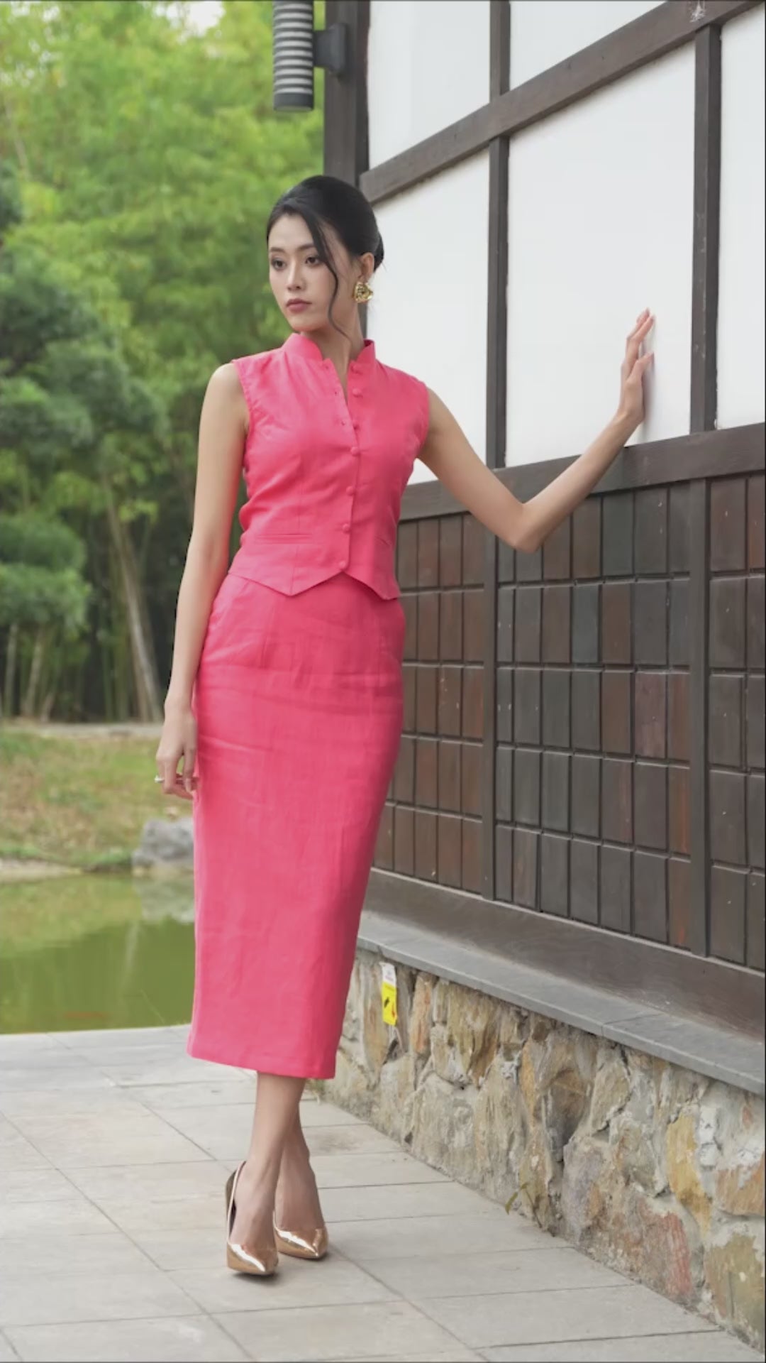 Waistcoat Midi Skirt Set in Strawberry Pink