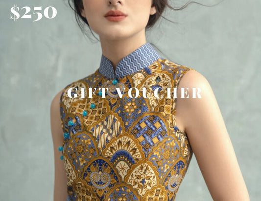 $250 gift voucher featuring a woman in a modern blue and gold patterned cheongsam dress
